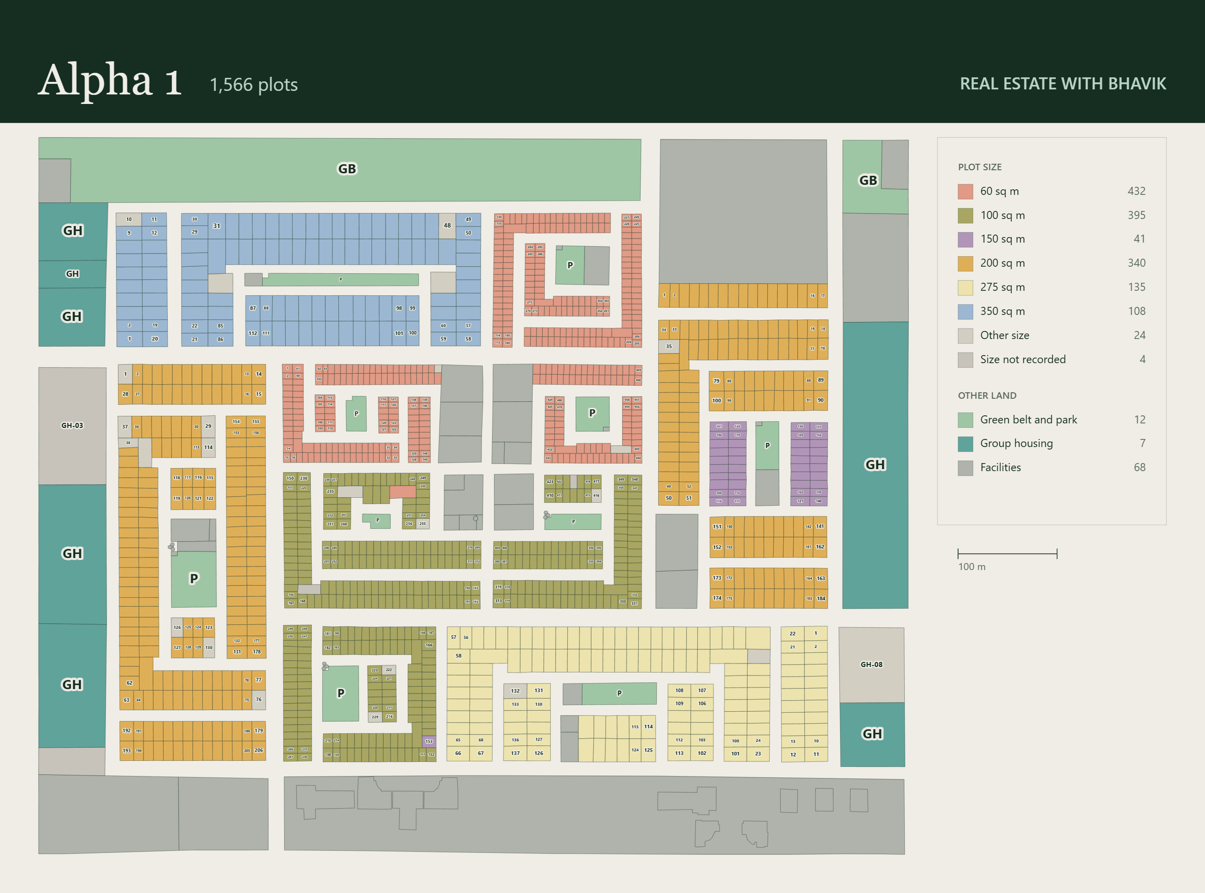 Printable layout plan of Alpha 1, Greater Noida, showing all 1,566 plots by size and land use.