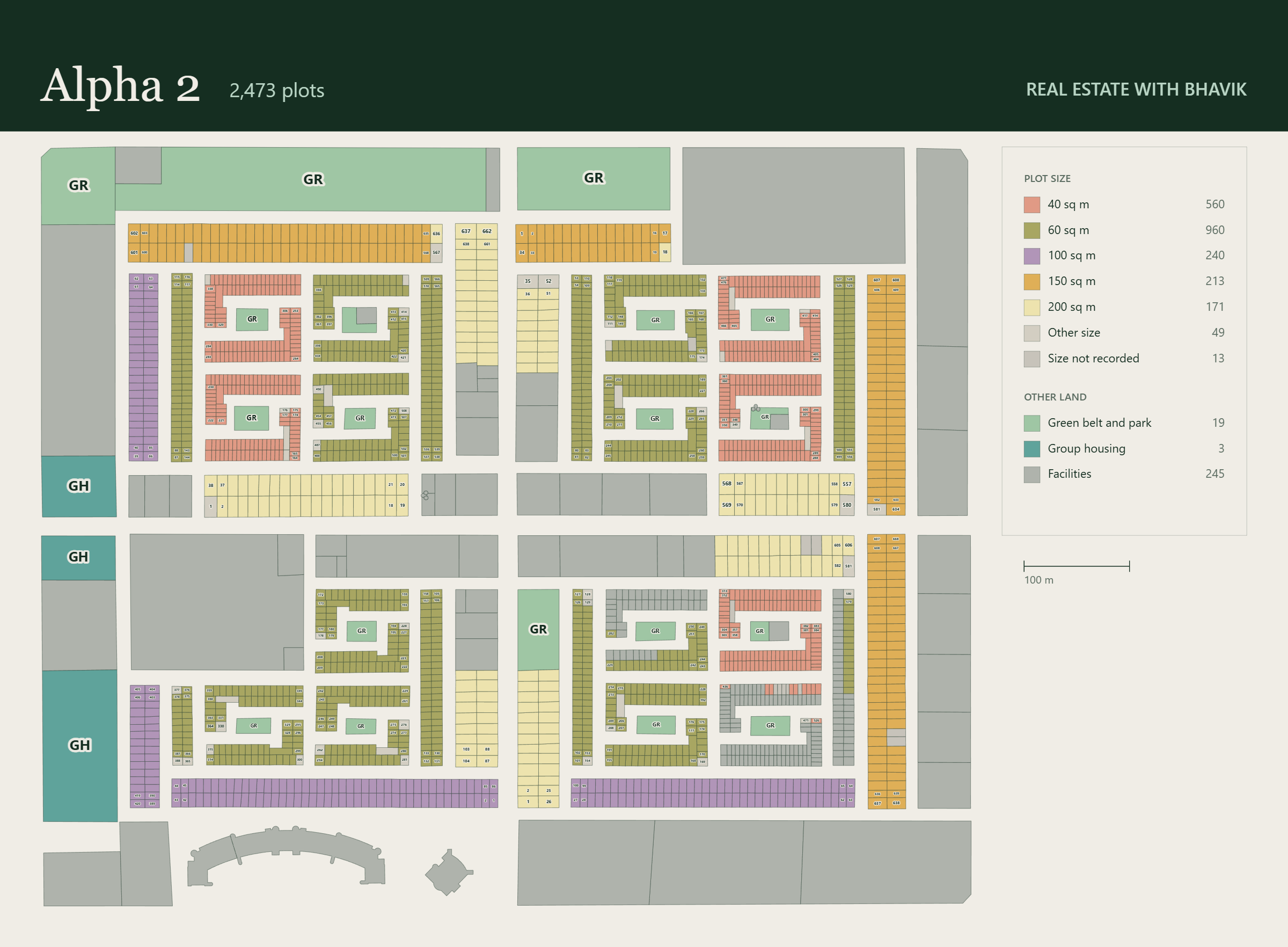 Printable layout plan of Alpha 2, Greater Noida, showing all 2,473 plots by size and land use.