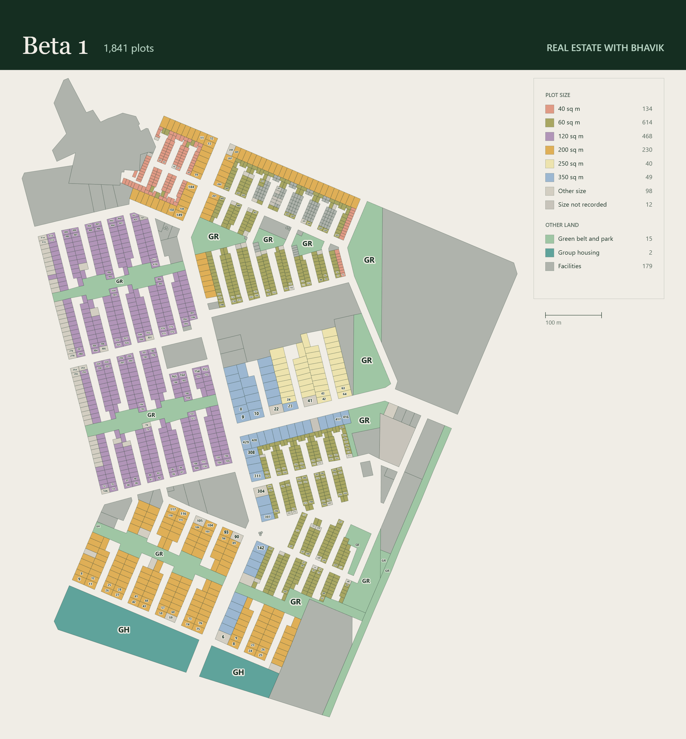 Printable layout plan of Beta 1, Greater Noida, showing all 1,841 plots by size and land use.